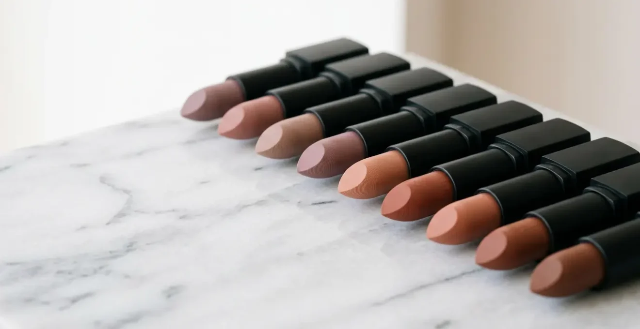 Nahaufnahme von verschiedenen Nude-Lippenstift-Nuancen auf Hautproben mit unterschiedlichen Untertönen