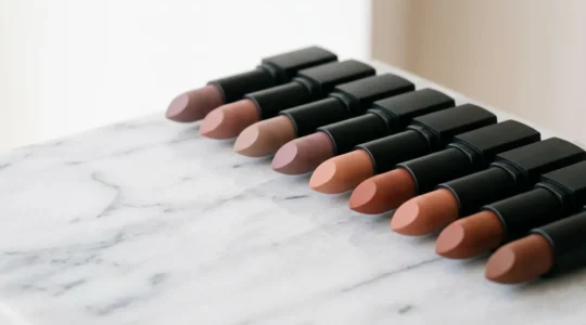 Nahaufnahme von verschiedenen Nude-Lippenstift-Nuancen auf Hautproben mit unterschiedlichen Untertönen