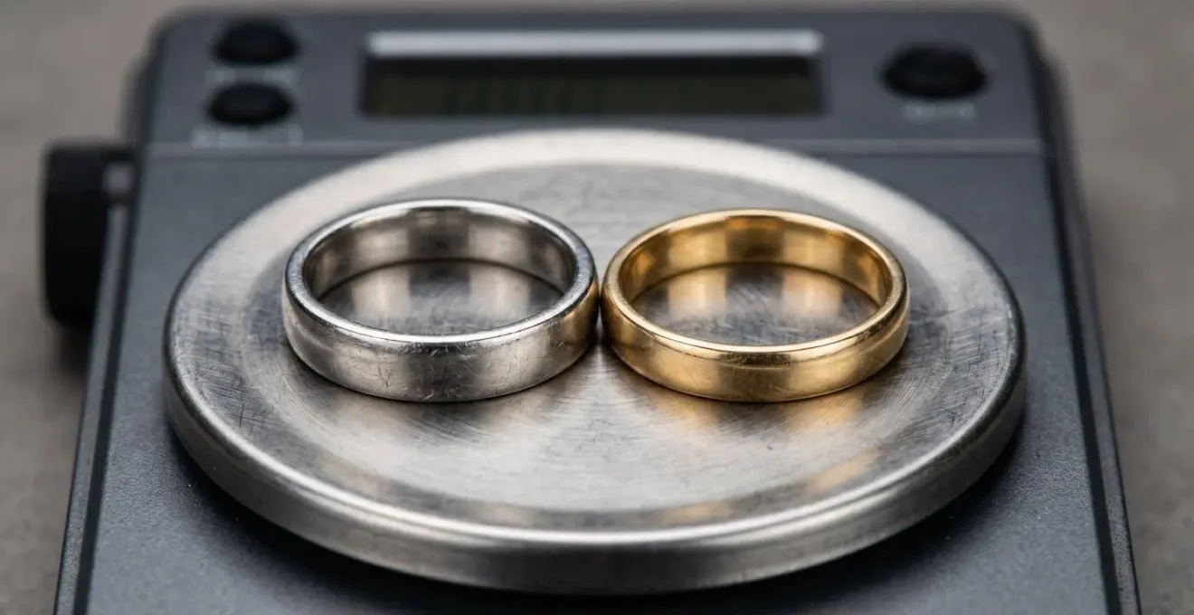 Nahaufnahme zweier Eheringe aus Platin und Gold auf präziser Waage, zeigt Gewichtsunterschied