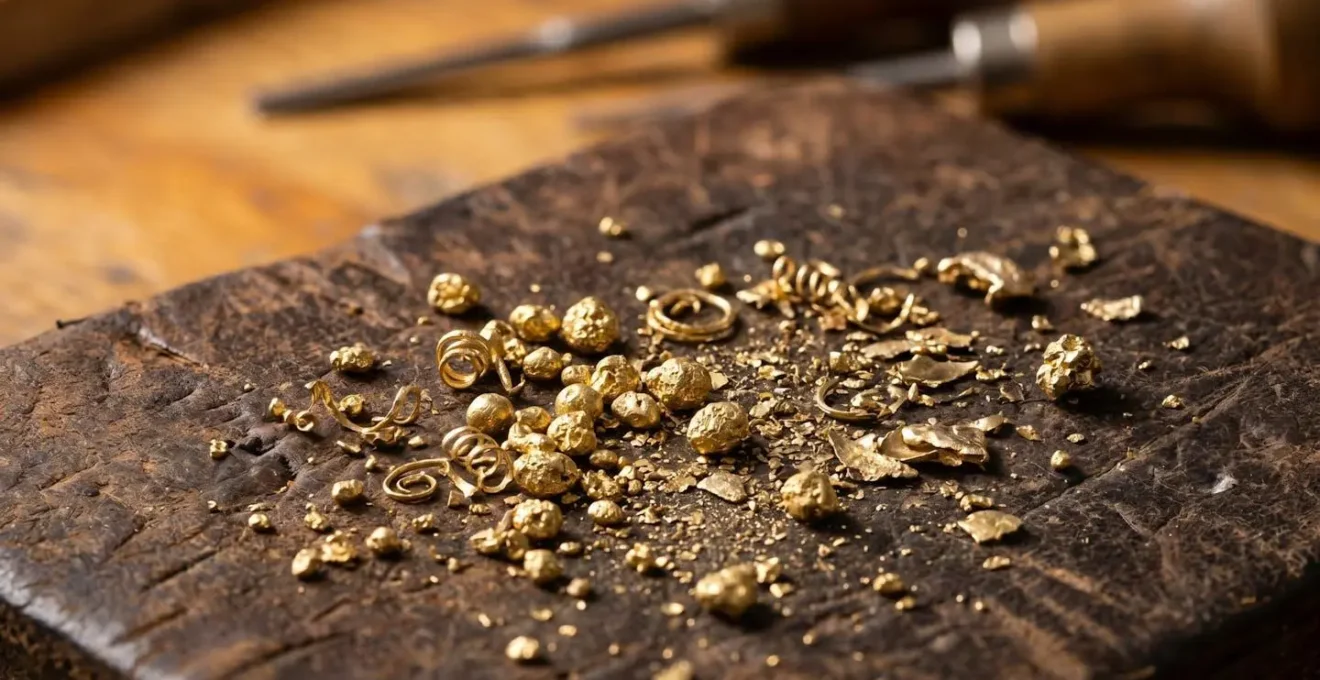 Detailaufnahme von recyceltem Goldmaterial in einer deutschen Goldschmiedewerkstatt