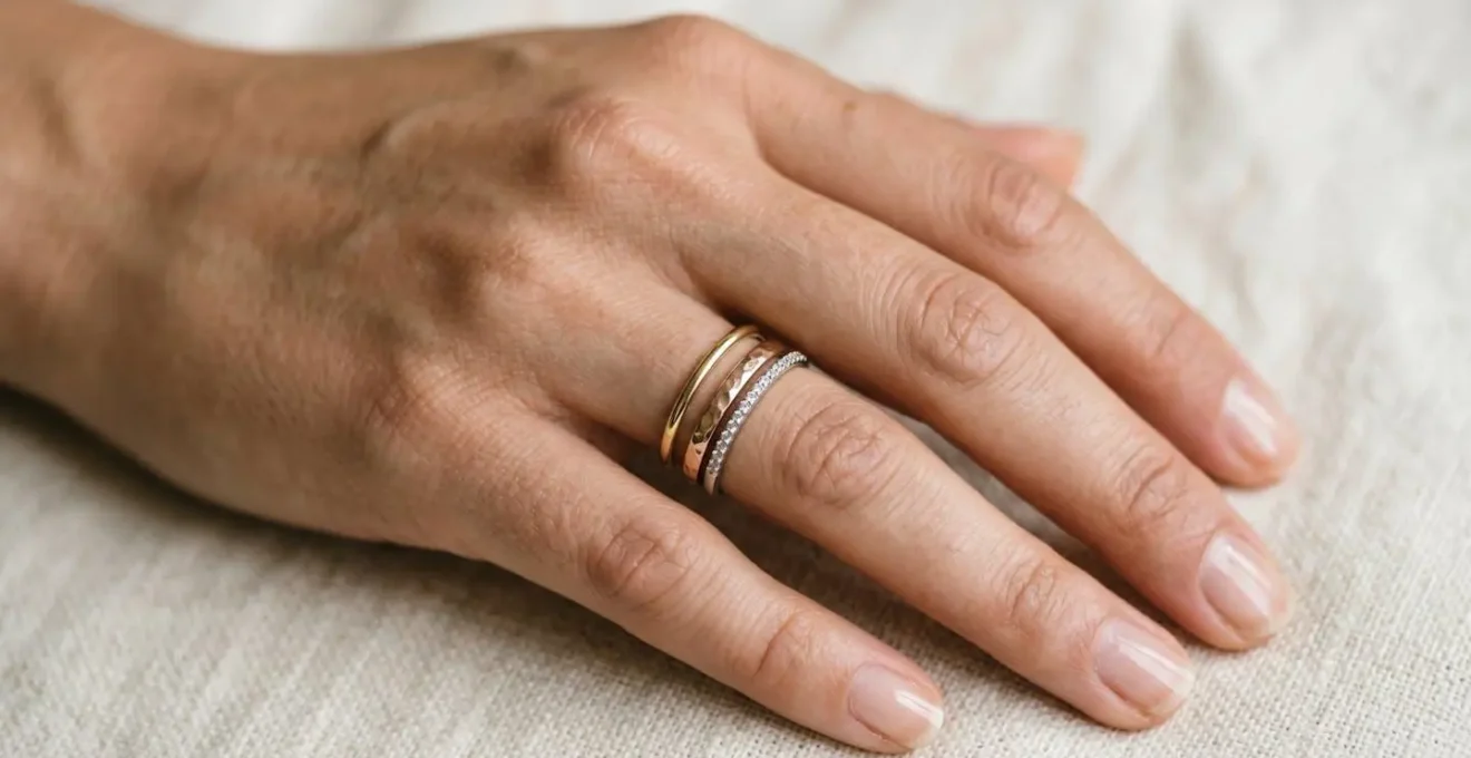 Rosegold und bicolor Schmuckstücke auf neutralem Hautton präsentiert