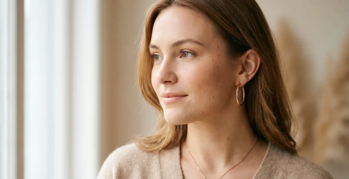 Nahaufnahme von Roségold-Schmuck auf heller Haut mit natürlichem Make-up