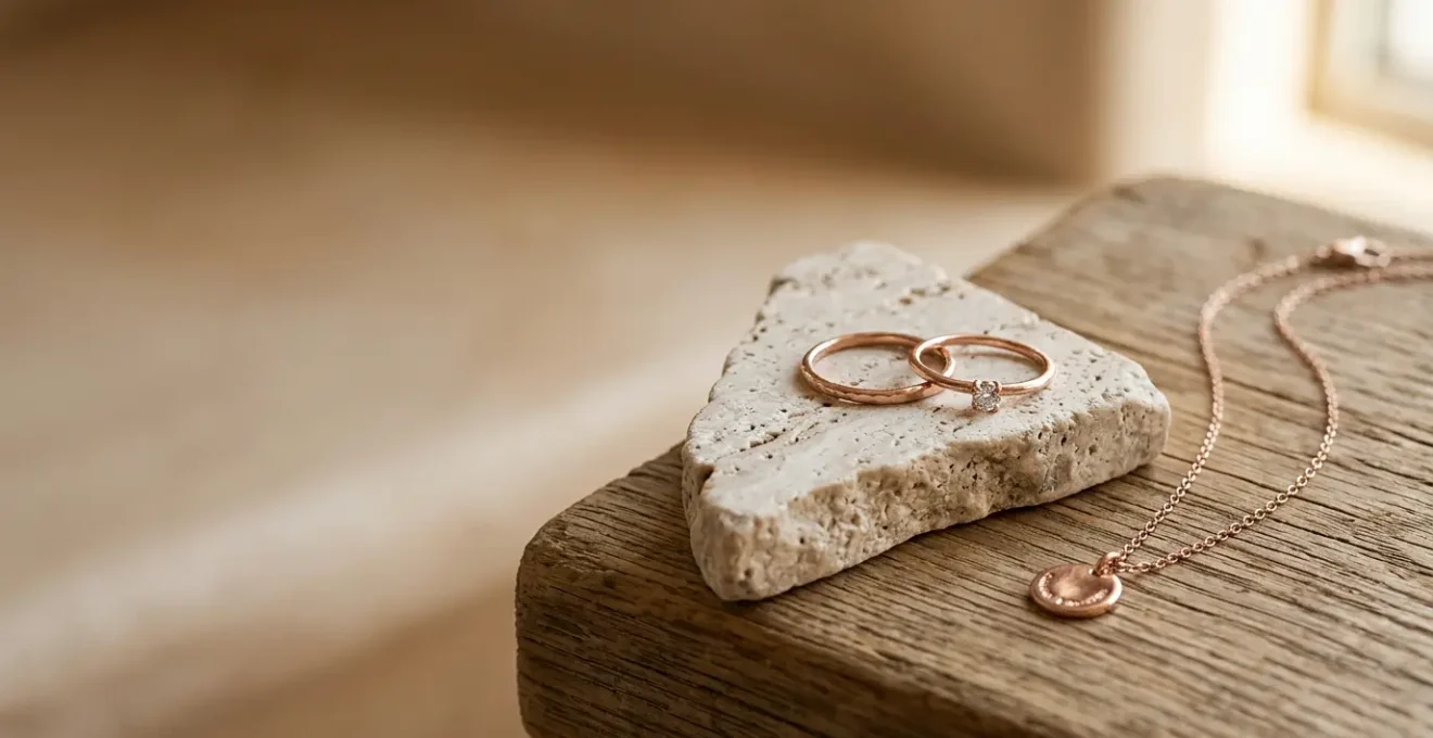 Eleganter Roségold-Schmuck in natürlichem Licht mit warmen Tönen