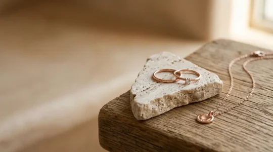 Eleganter Roségold-Schmuck in natürlichem Licht mit warmen Tönen