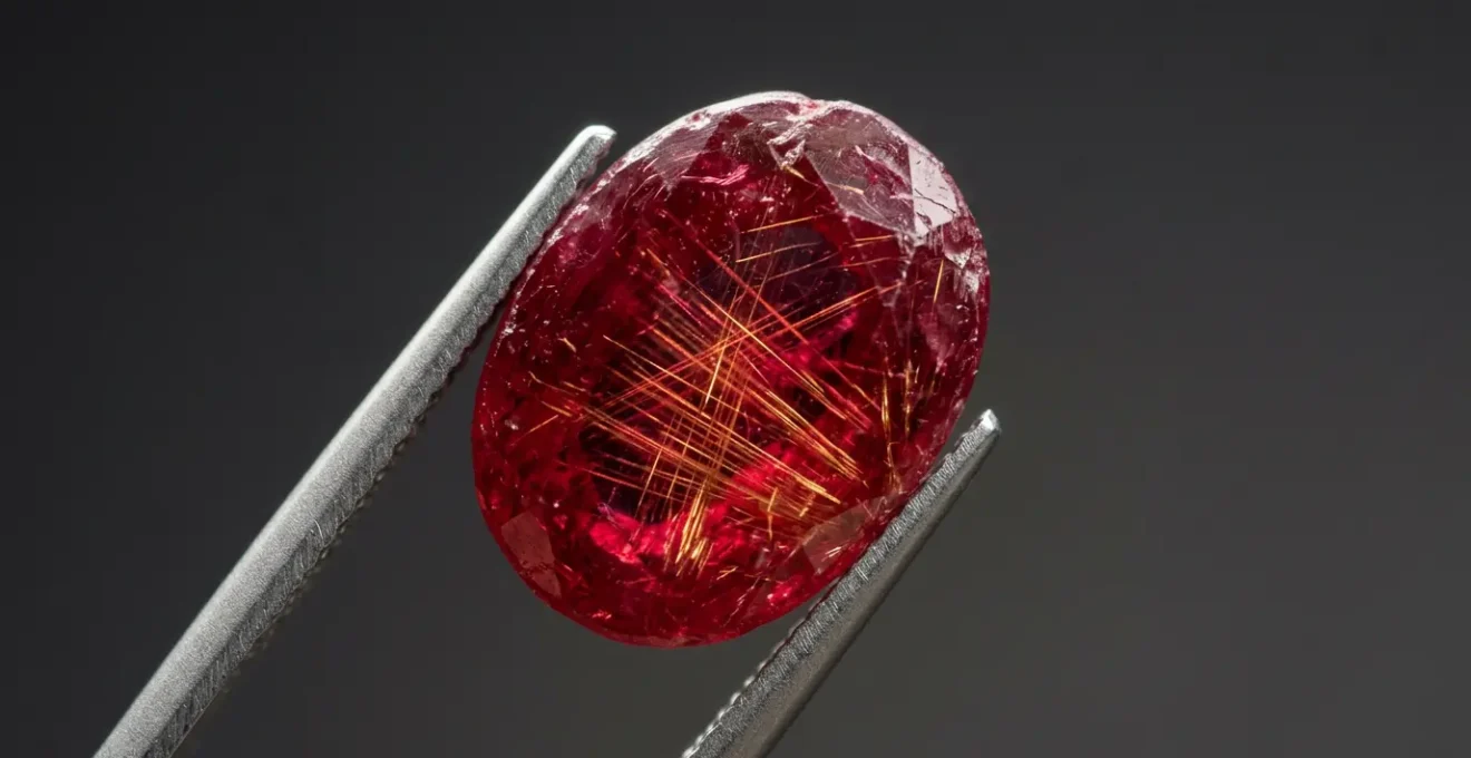 Nahaufnahme eines natürlichen roten Rubins mit sichtbaren Rutilnadeln unter Lupe bei natürlichem Licht