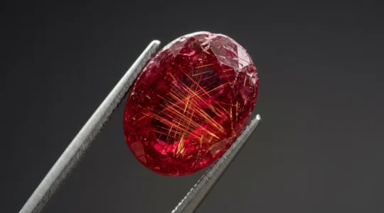 Nahaufnahme eines natürlichen roten Rubins mit sichtbaren Rutilnadeln unter Lupe bei natürlichem Licht