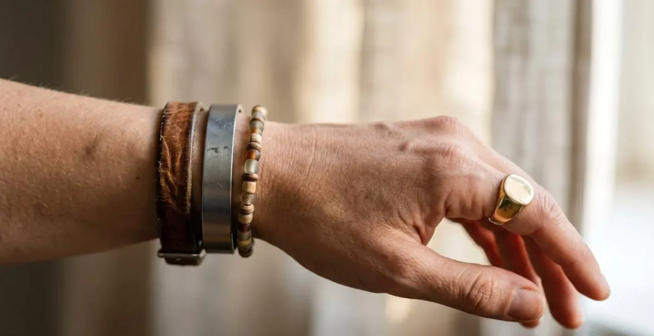 Handgelenk mit verschiedenen Armbändern in Gold, Leder und modernen Materialien