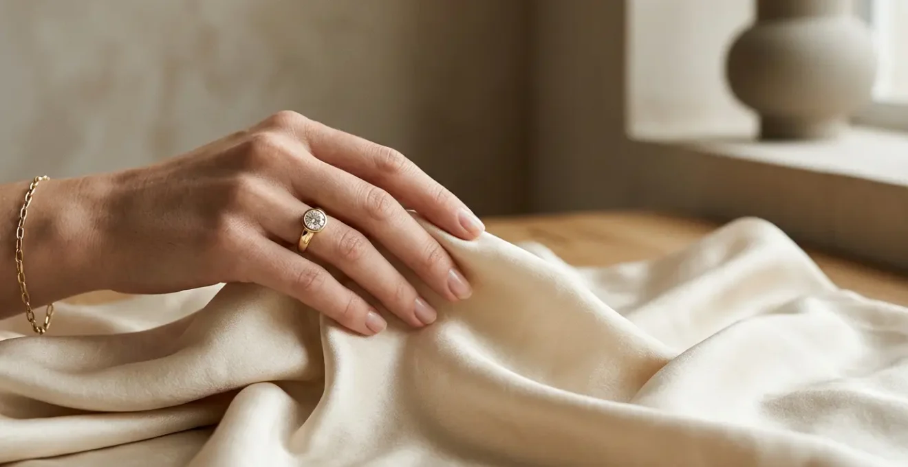 Elegante Hand mit zartem Ring neben fließendem Seidenstoff in warmer Lichtstimmung