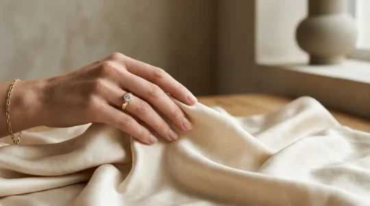 Elegante Hand mit zartem Ring neben fließendem Seidenstoff in warmer Lichtstimmung