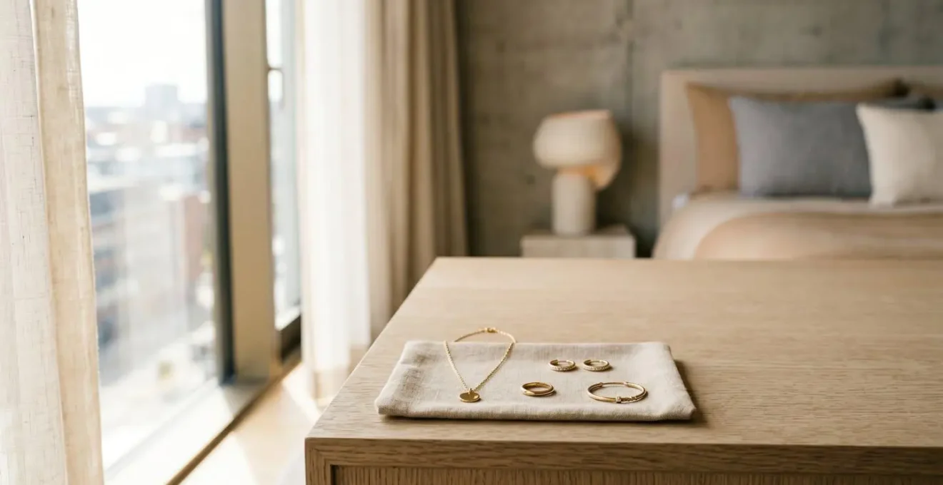 Minimalistisches Schmuck-Set elegant arrangiert für sichere Reiseaufbewahrung