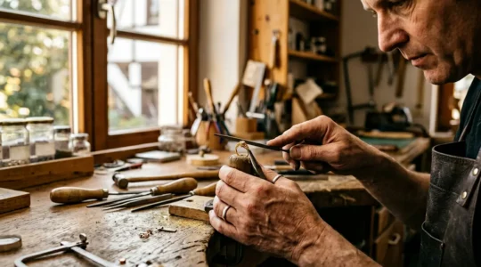 Nahaufnahme eines Goldschmieds bei der Personalisierung eines Schmuckstücks in einer deutschen Werkstatt