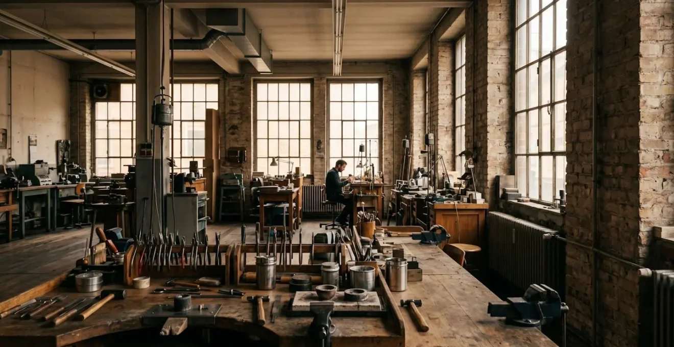 Blick auf historische Schmuckmanufaktur mit authentischer Werkstatt-Atmosphäre