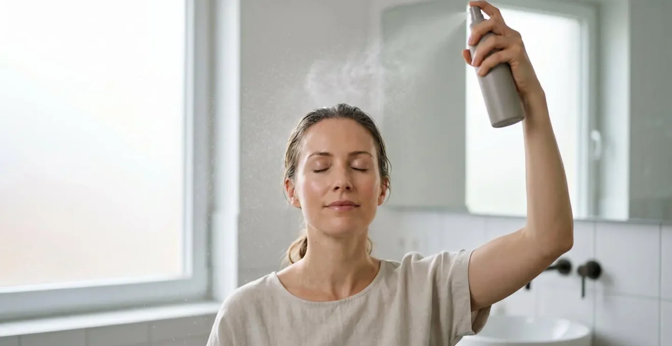 Setting Spray wird aus 30 cm Entfernung auf fertiges Make-up aufgesprüht für langanhaltende Fixierung