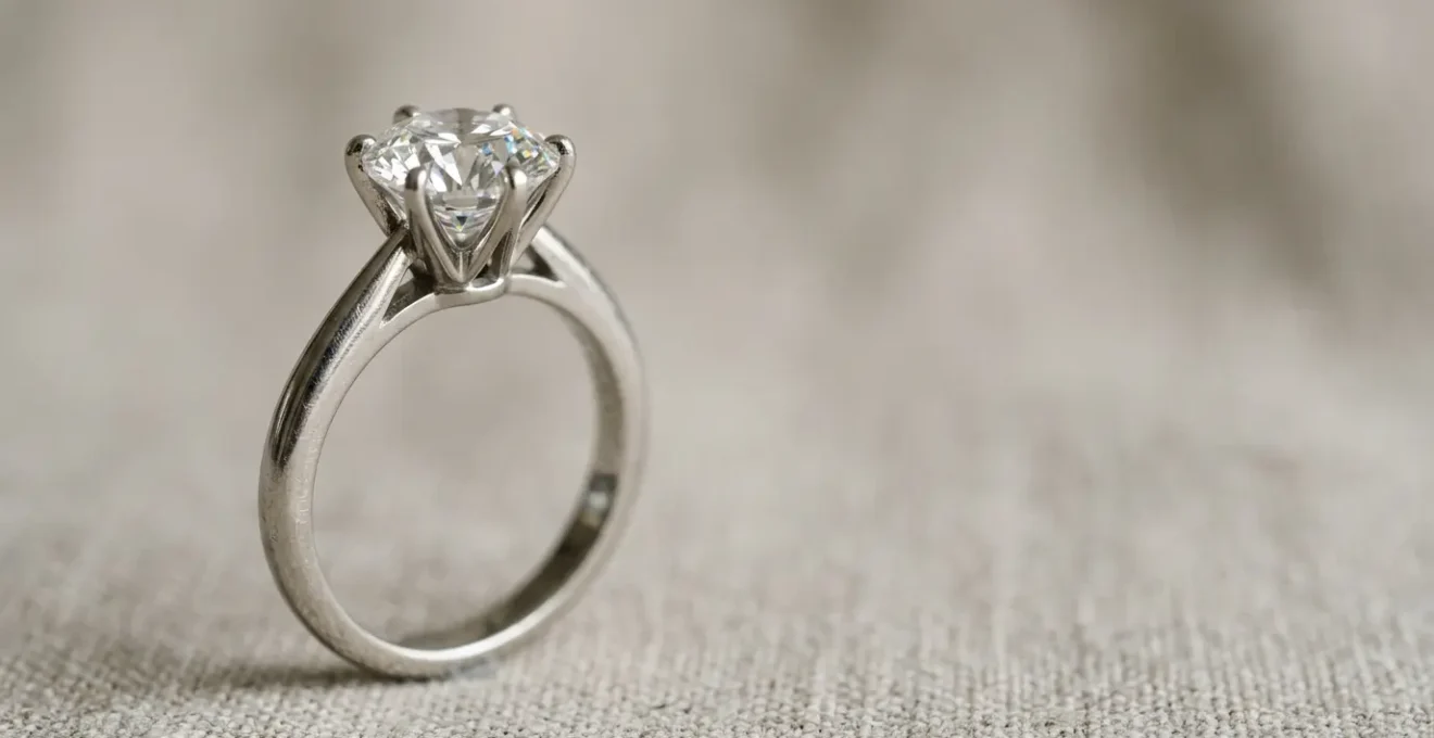 Nahaufnahme eines eleganten Solitärrings mit Diamant auf natürlichem Hintergrund