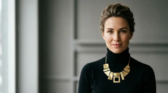 Frau trägt auffälligen Statement-Schmuck elegant und selbstbewusst