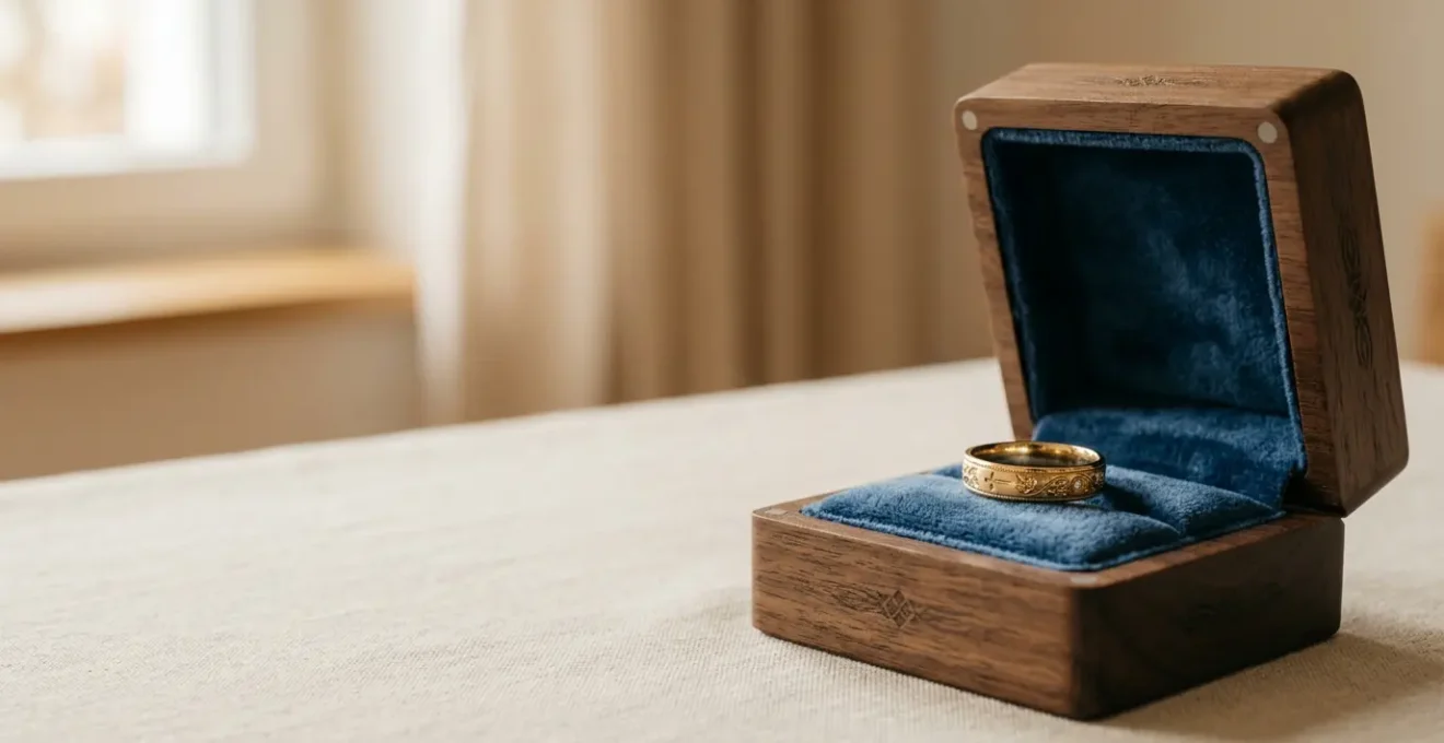 Ein zartes Taufring-Schmuckstück aus Gold ruht in einer eleganten Schatulle, symbolisiert die Entscheidung zwischen Tragen und sicherer Aufbewahrung
