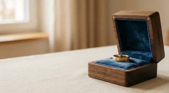 Ein zartes Taufring-Schmuckstück aus Gold ruht in einer eleganten Schatulle, symbolisiert die Entscheidung zwischen Tragen und sicherer Aufbewahrung
