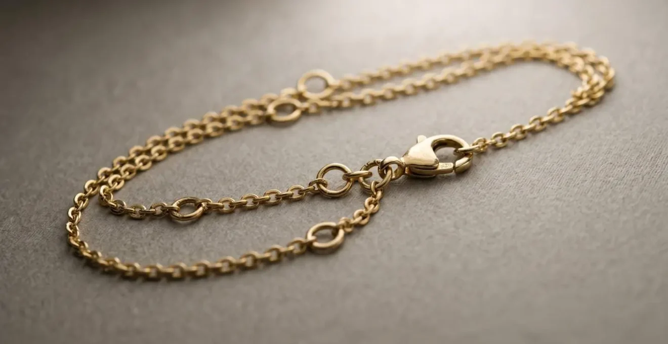 Eine verstellbare Goldkette mit mehreren Zwischenösen liegt auf einer neutralen Oberfläche, symbolisiert das Mitwachsen mit dem Kind