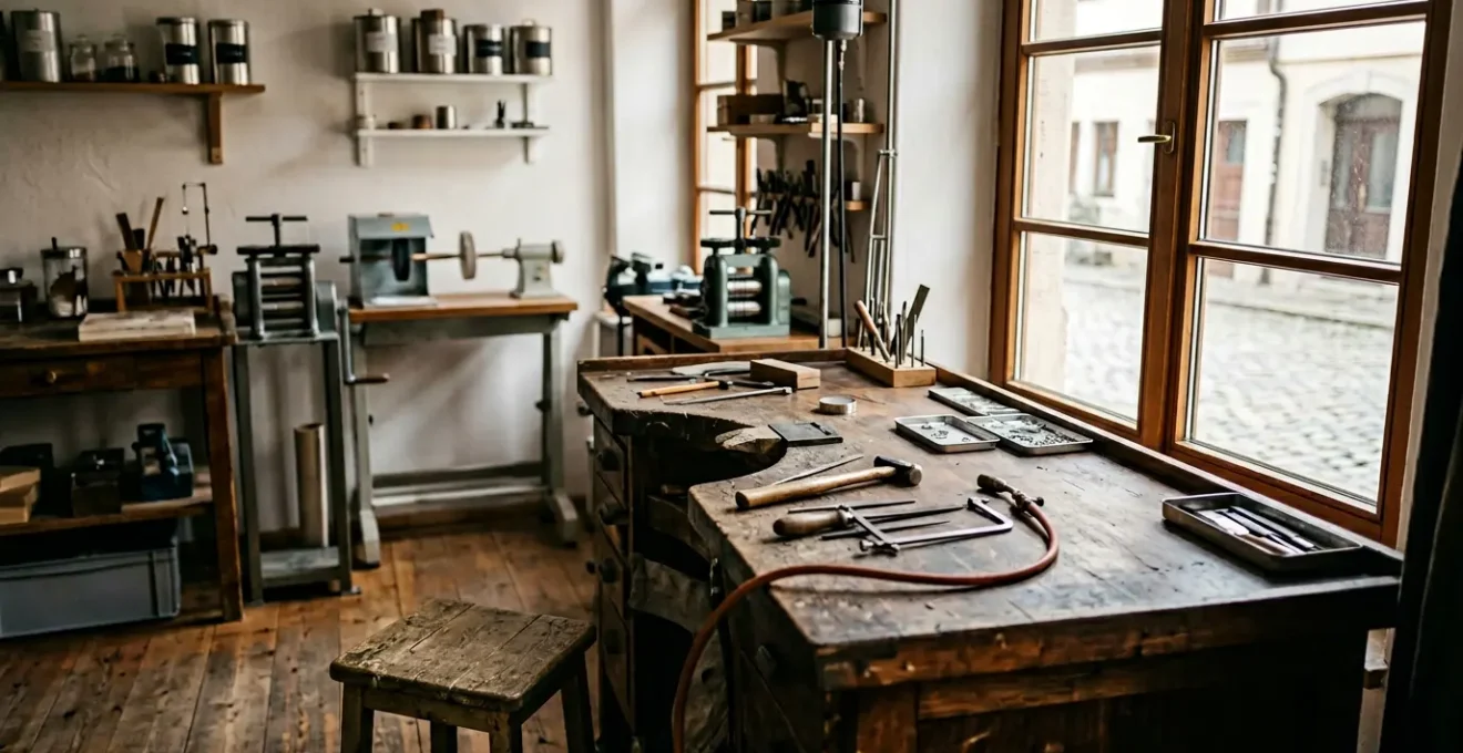 Professioneller Goldschmied prüft Schmuckstück unter Lupe in moderner Werkstatt