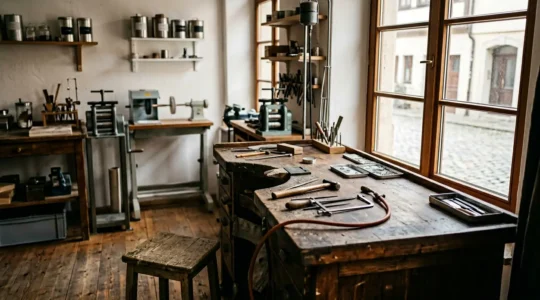 Professioneller Goldschmied prüft Schmuckstück unter Lupe in moderner Werkstatt