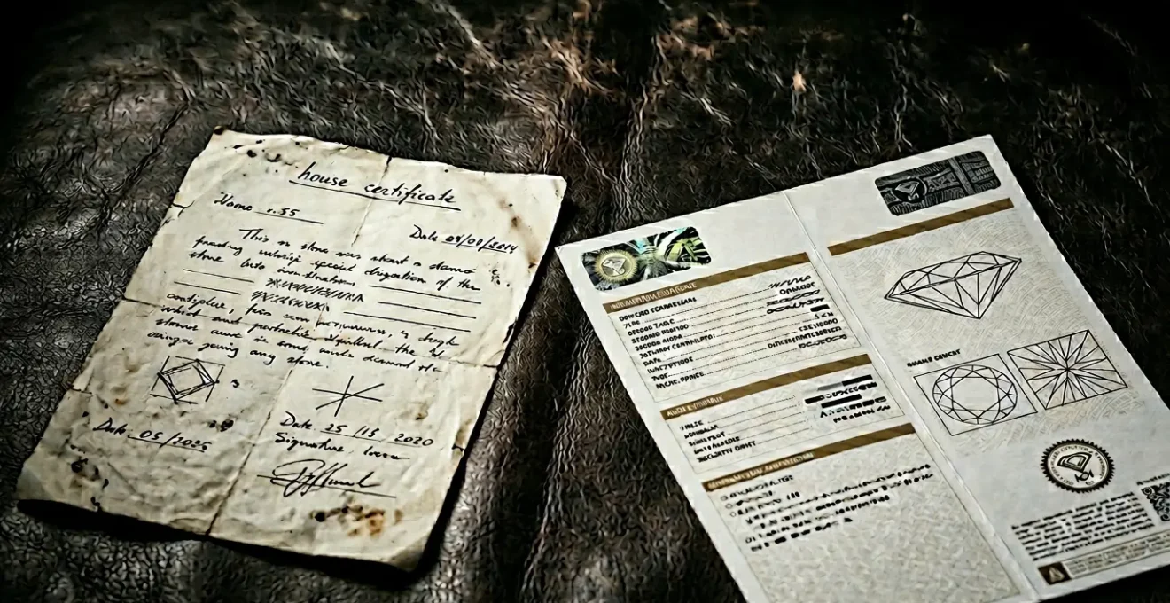 Ein wertloser hausinterner Diamant-Zertifikatspass liegt neben einem professionellen Labor-Zertifikat auf dunklem Hintergrund