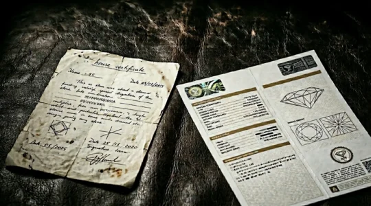 Ein wertloser hausinterner Diamant-Zertifikatspass liegt neben einem professionellen Labor-Zertifikat auf dunklem Hintergrund